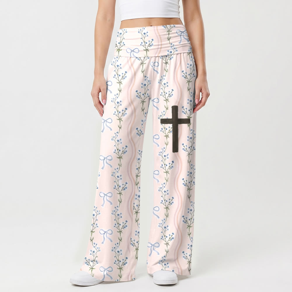 Christianartworkshop Vertical Floral Bow Stripes All Over Print Wooden Cross Thigh Graphic Fold Over High Waist Wide Leg Pants - US22,UK/AU26,EU54(6XL) - image 0