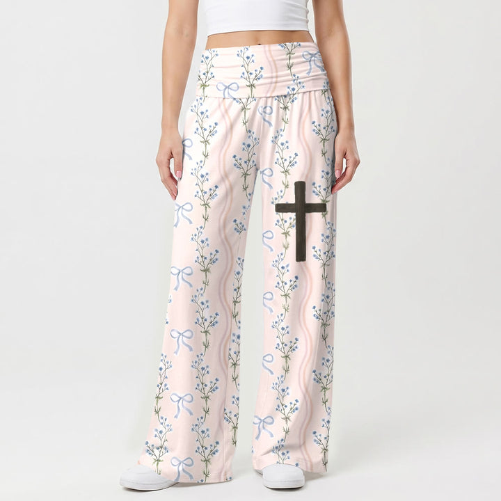 Christianartworkshop Vertical Floral Bow Stripes All Over Print Wooden Cross Thigh Graphic Fold Over High Waist Wide Leg Pants - US22,UK/AU26,EU54(6XL) - image 0
