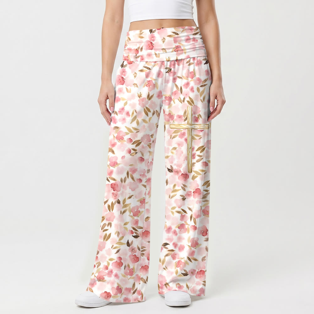 Christianartworkshop Watercolor Blush Bloom Leaf Print Golden Line Cross Thigh Graphic High Waist Wide Leg Pants - US22,UK/AU26,EU54(6XL) - image 0