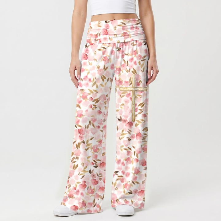 Christianartworkshop Watercolor Blush Bloom Leaf Print Golden Line Cross Thigh Graphic High Waist Wide Leg Pants - US22,UK/AU26,EU54(6XL) - image 0
