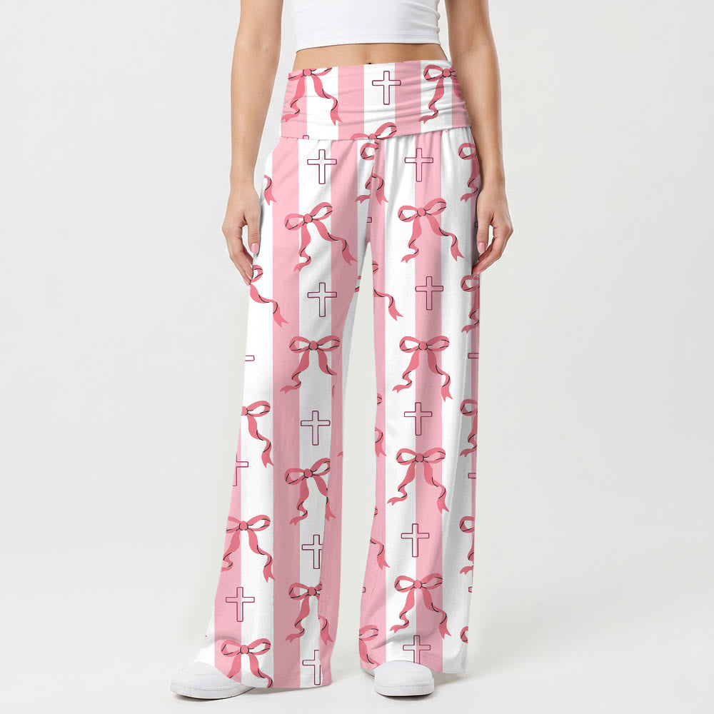 Christianartworkshop Vertical Stripe Bow Outline Cross Print Fold Over High Waist Wide Leg Pants - US22,UK/AU26,EU54(6XL) - image 0