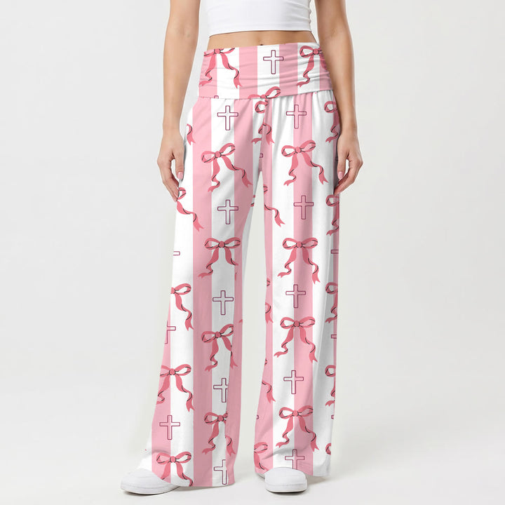 Christianartworkshop Vertical Stripe Bow Outline Cross Print Fold Over High Waist Wide Leg Pants - US22,UK/AU26,EU54(6XL) - image 0