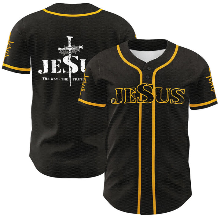 Christianartworkshop Jesus Cross Nail and Crown of Thorns Baseball Jersey - Black - Golden - 5XL - image 0