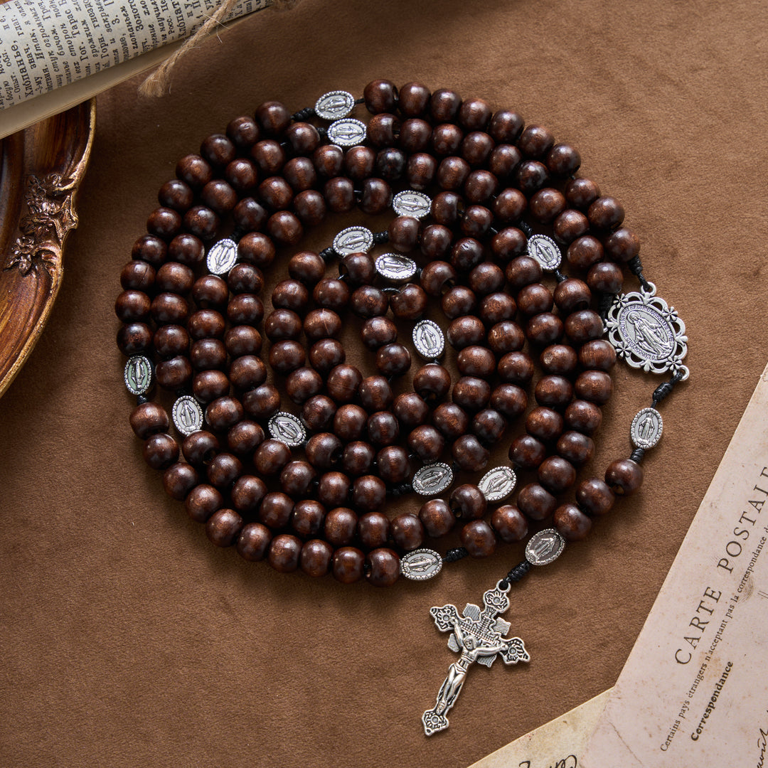 Christianartworkshop 5/15/20 Decade Polished Natural Wood Bead Floral Frame Our Lady & Carved Crucifix Rosary - 15 Decade Rosary - image 3