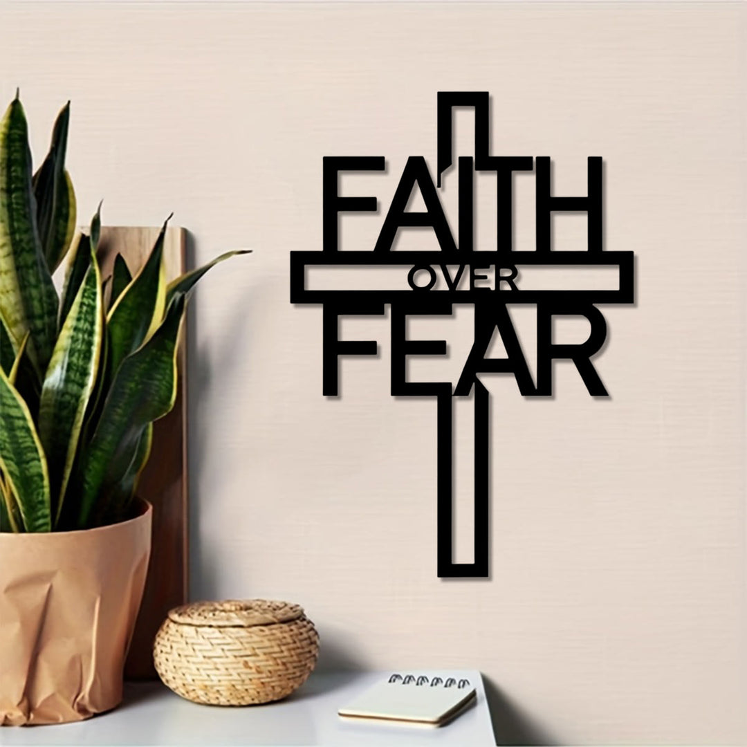 Christianartworkshop Faith Over Fear Hollow Letter Cross Metal Wall Decor: Timeless Emblem of Sacred Redemptive Grace - image 0