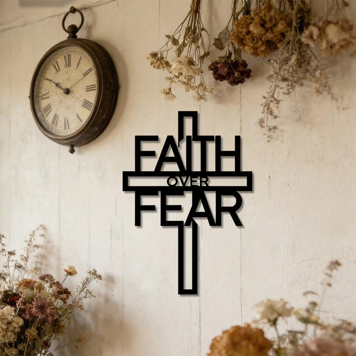 Christianartworkshop Faith Over Fear Hollow Letter Cross Metal Wall Decor: Timeless Emblem of Sacred Redemptive Grace - image 2