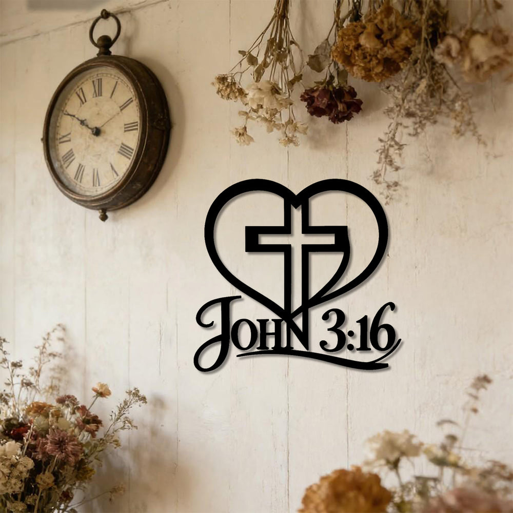 Christianartworkshop Heart Outline Cross John 3:16 Script Metal Wall Decor: Timeless Emblem of Sacred Redemptive Grace - image 1