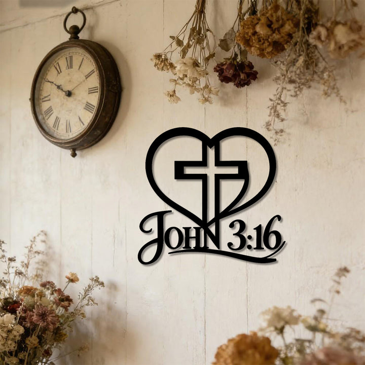 Christianartworkshop Heart Outline Cross John 3:16 Script Metal Wall Decor: Timeless Emblem of Sacred Redemptive Grace - image 1
