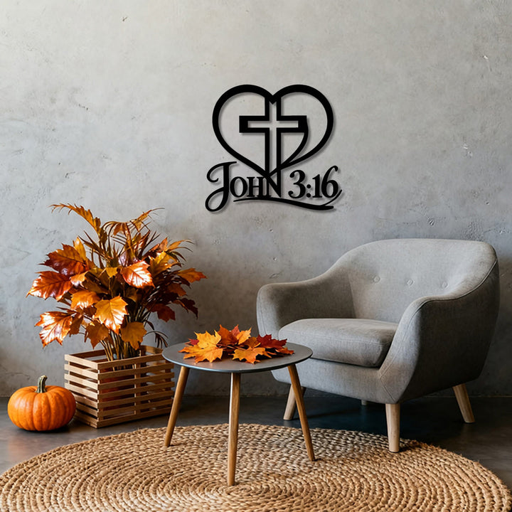 Christianartworkshop Heart Outline Cross John 3:16 Script Metal Wall Decor: Timeless Emblem of Sacred Redemptive Grace - image 2