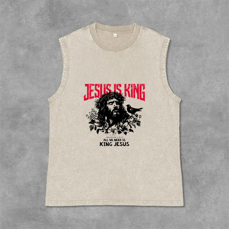 Christianartworkshop Jesus Is King Crown of Thorns Unisex Washed Tank Top - Beige - 2XL - image 0