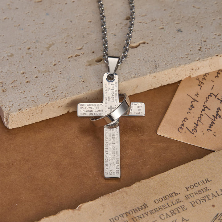 Christianartworkshop Lord’s Prayer Engraved Cross Pendant Necklace with Spinning Ring - Silver - image 7