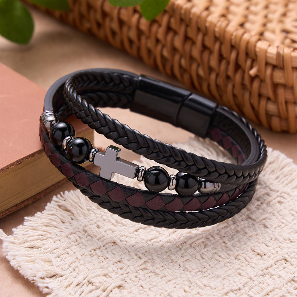Christianartworkshop Natural Stone Cross Accent Braided Wrap Bracelet: Personalized Emblem of Abiding Divine Tenderness - Cross&Black Onyx - image 3