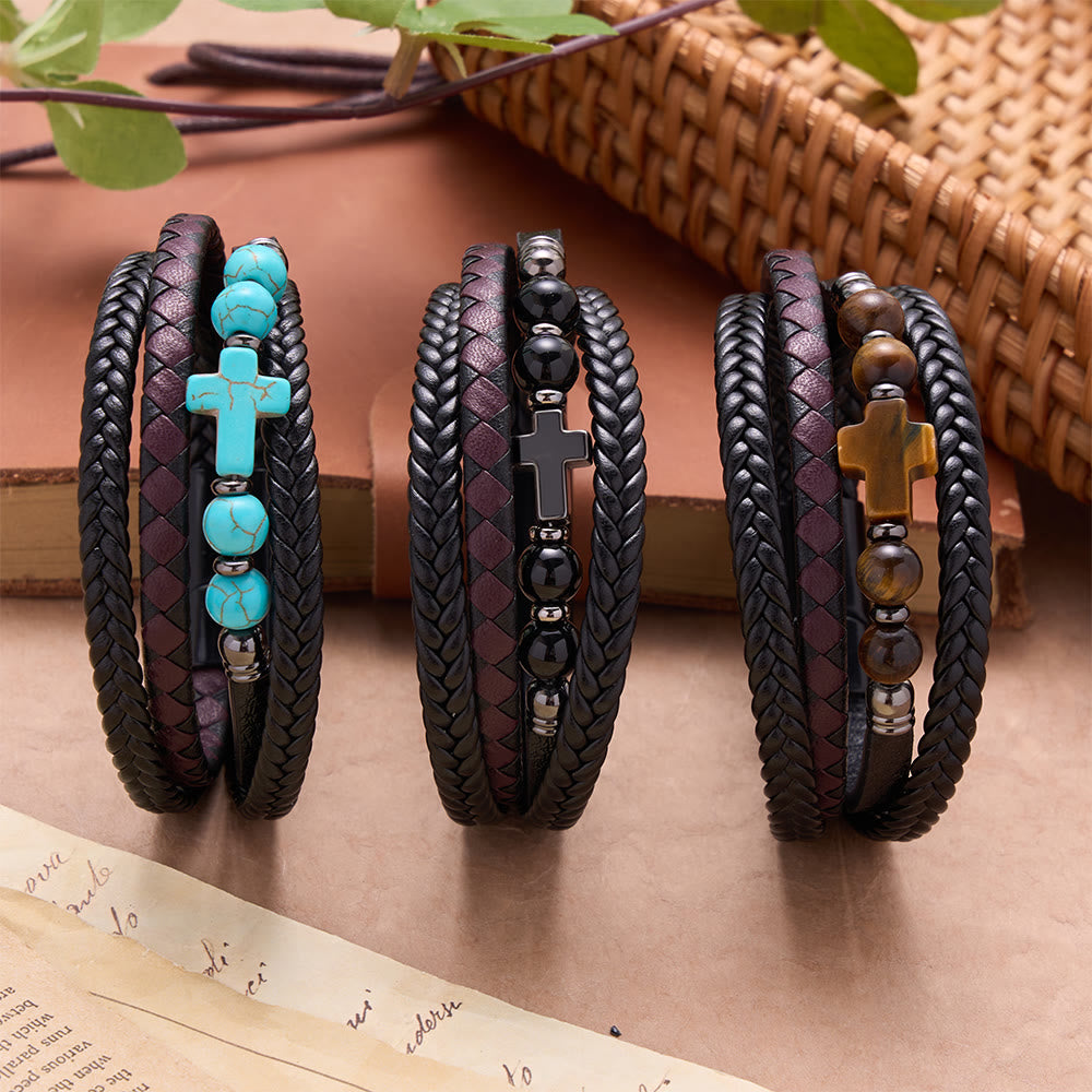 Christianartworkshop Natural Stone Cross Accent Braided Wrap Bracelet: Personalized Emblem of Abiding Divine Tenderness - image 1