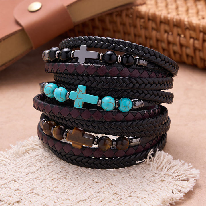 Christianartworkshop Natural Stone Cross Accent Braided Wrap Bracelet: Personalized Emblem of Abiding Divine Tenderness - image 2