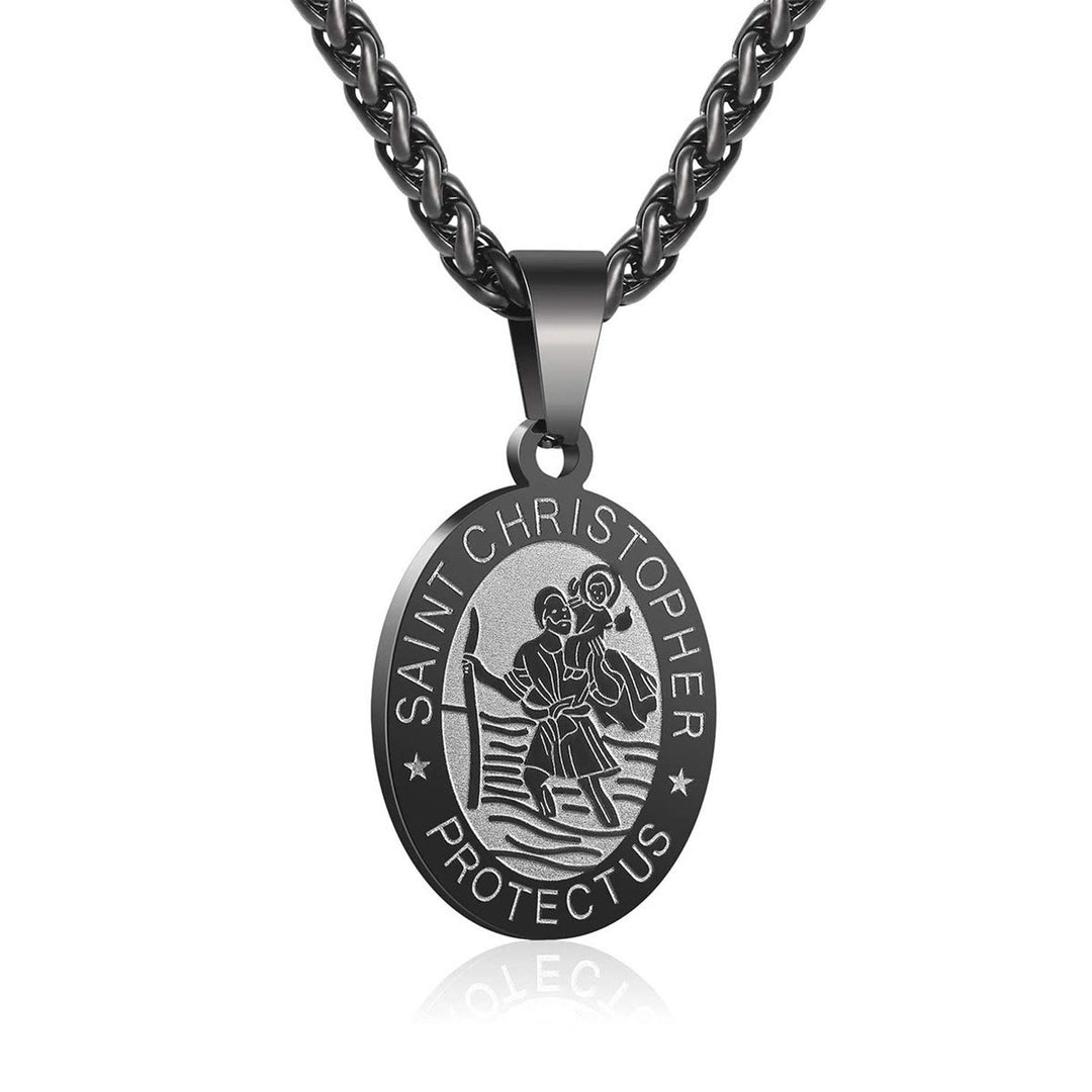 Christianartworkshop Oval Saint Christopher Engraved Medal Wheat Chain Necklace: Timeless Emblem of Gentle Heavenly Guardianship - Black - image 3
