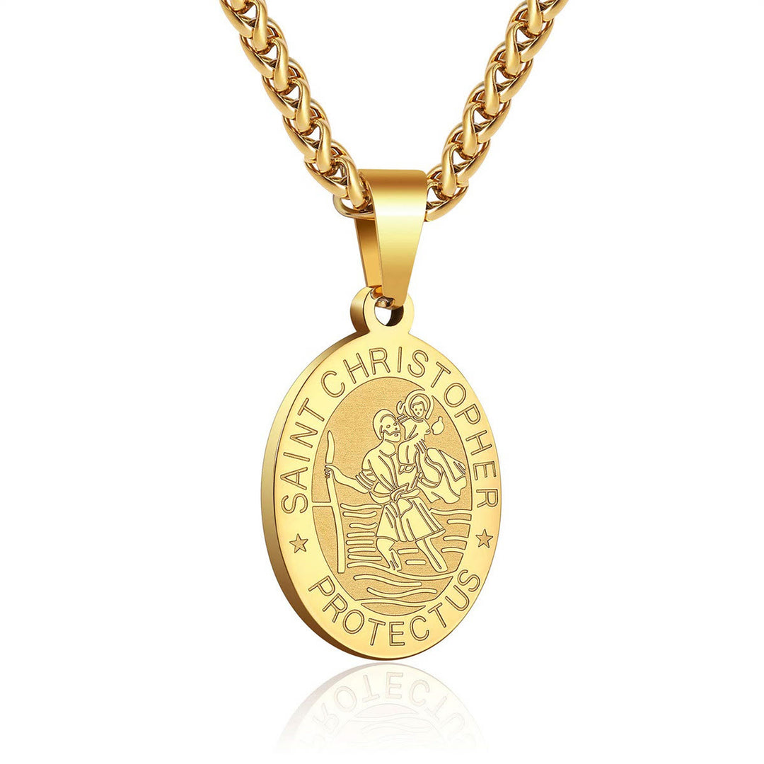 Christianartworkshop Oval Saint Christopher Engraved Medal Wheat Chain Necklace: Timeless Emblem of Gentle Heavenly Guardianship - Golden - image 2