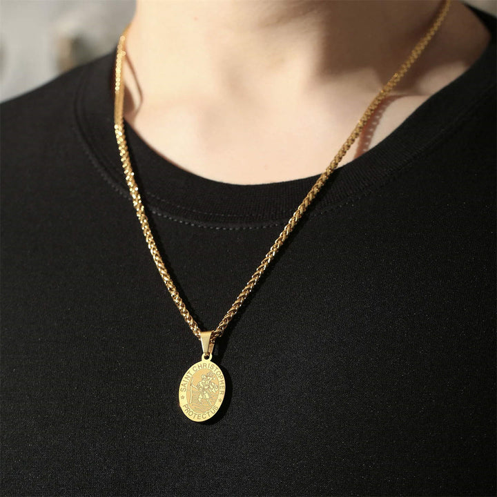 Christianartworkshop Oval Saint Christopher Engraved Medal Wheat Chain Necklace: Timeless Emblem of Gentle Heavenly Guardianship - image 4