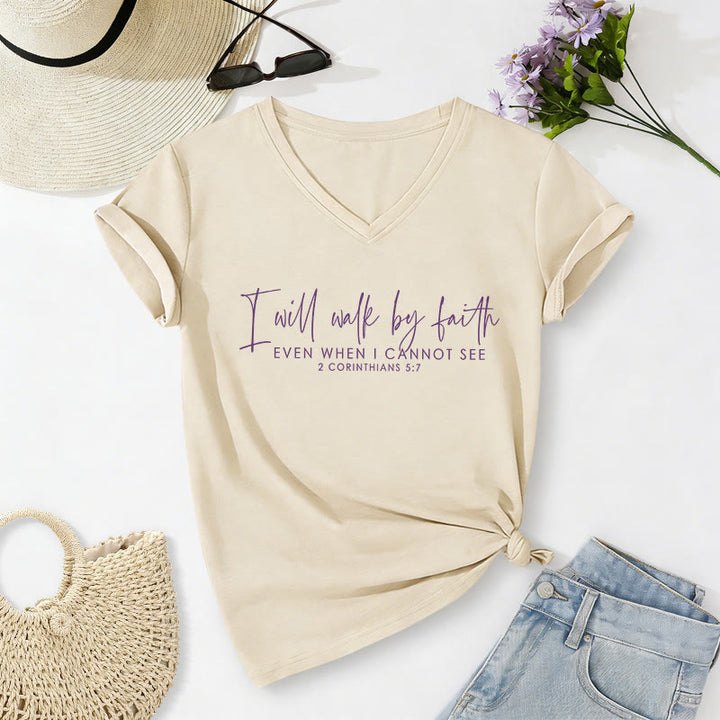 Christianartworkshop I Will Walk By Faith Dual Font Scripture Verse Graphic Casual V-neck T-shirt - Beige - 2XL - image 2