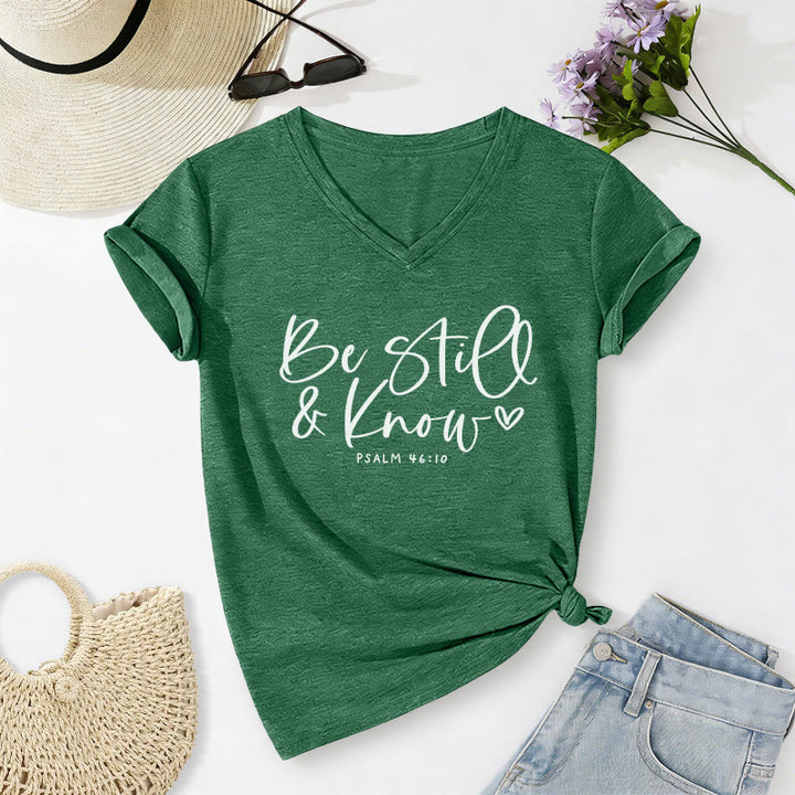 Christianartworkshop Be Still & Know Flowing Cursive Tiny Heart Psalm 46:10 Verse Casual V-neck T-shirt - Dark Green - 2XL - image 24