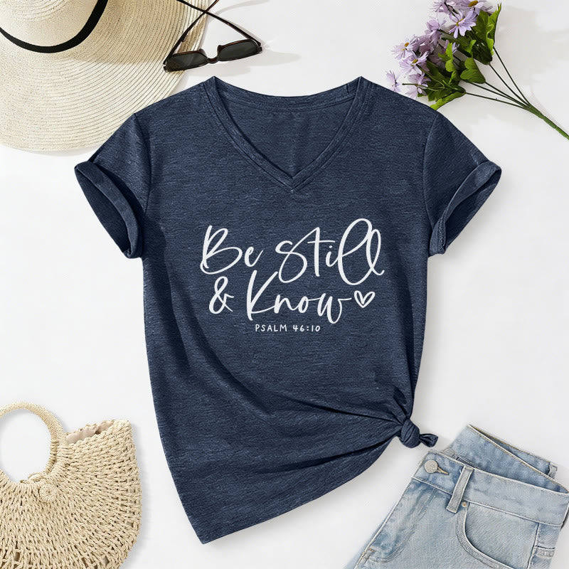 Christianartworkshop Be Still & Know Flowing Cursive Tiny Heart Psalm 46:10 Verse Casual V-neck T-shirt - Navy Blue - 2XL - image 12