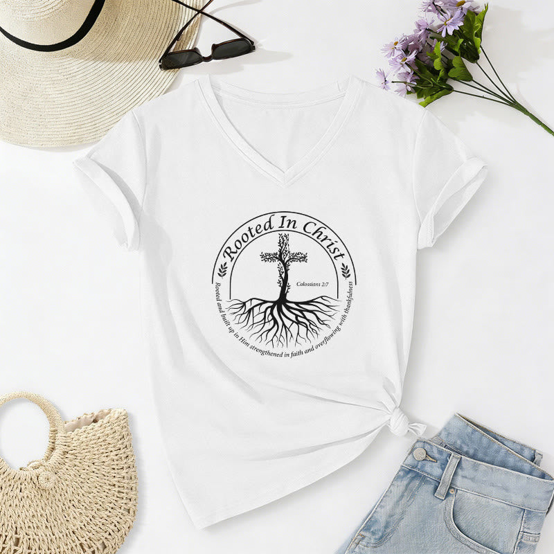 Christianartworkshop Rooted In Christ Tree Root Cross Circular Frame Scripture Verse Casual V-neck T-shirt - White - 2XL - image 20