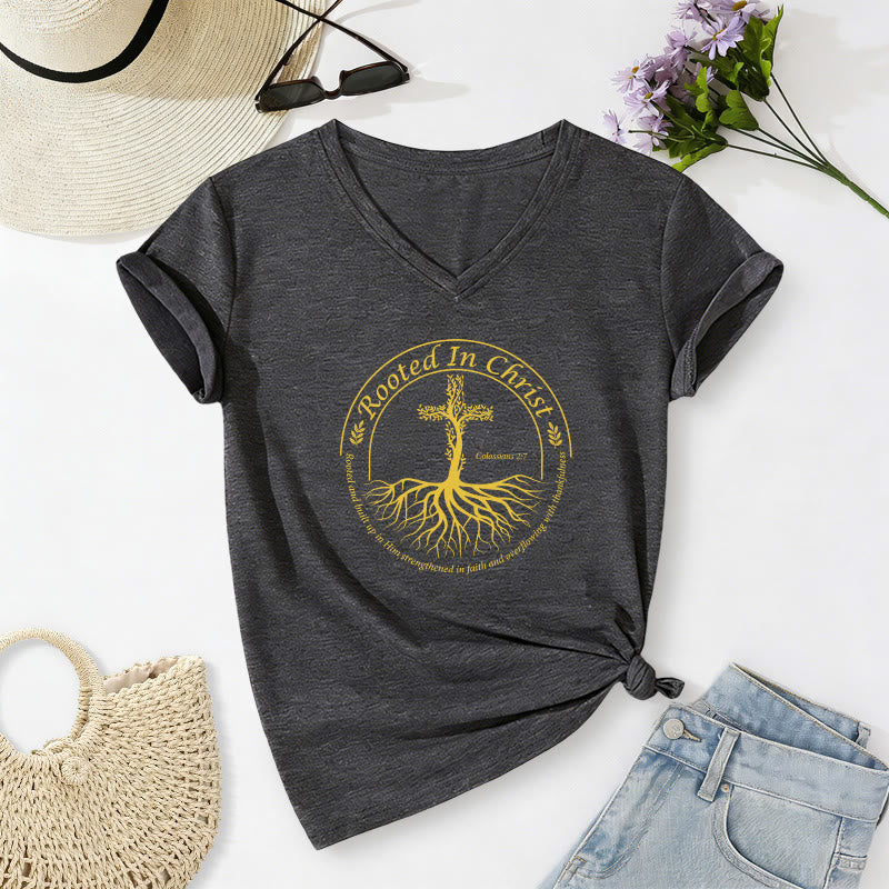Christianartworkshop Rooted In Christ Tree Root Cross Circular Frame Scripture Verse Casual V-neck T-shirt - Dark Grey - 2XL - image 0