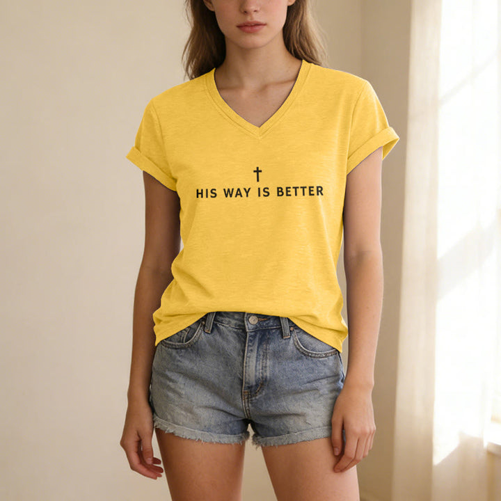 Christianartworkshop His Way Is Better Simple Vertical Cross Minimal Casual V-neck T-shirt - image 9