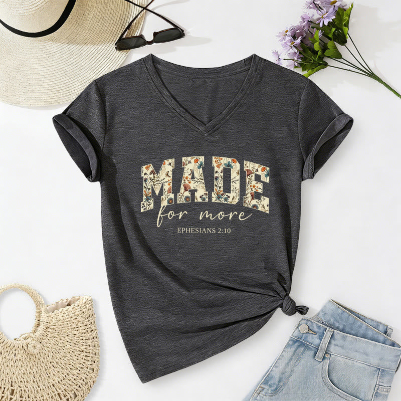 Christianartworkshop Made For More Floral Fill Varsity Font Cursive Script Ephesians 2:10 Verse Casual V-neck T-shirt - Dark Grey - 2XL - image 2