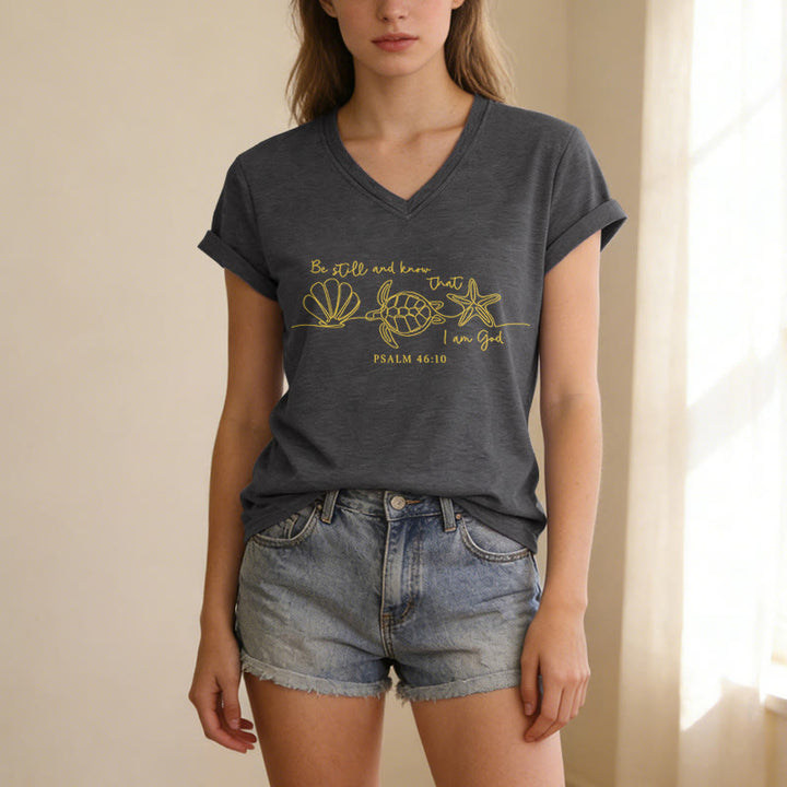 Christianartworkshop Be Still And Know That I Am God Line Drawing Sea Turtle Shell Starfish Psalm 46:10 V-neck T-shirt - image 3