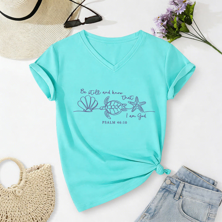Christianartworkshop Be Still And Know That I Am God Line Drawing Sea Turtle Shell Starfish Psalm 46:10 V-neck T-shirt - Sky Blue - 2XL - image 24