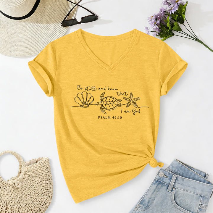 Christianartworkshop Be Still And Know That I Am God Line Drawing Sea Turtle Shell Starfish Psalm 46:10 V-neck T-shirt - Yellow - 2XL - image 10