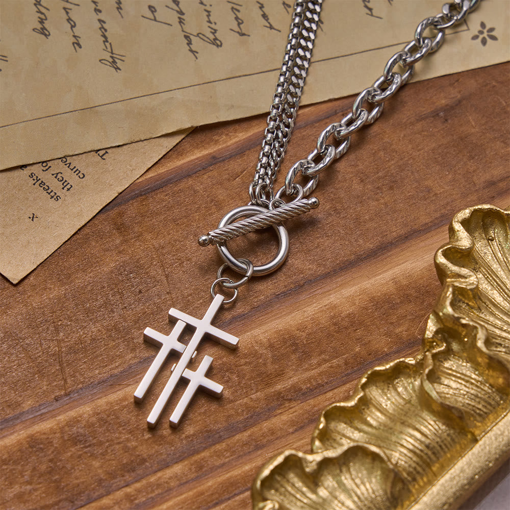 Christianartworkshop Triple Overlapping Cross Toggle Clasp Dual Textured Chain Necklace: Timeless Emblem of Gentle Heavenly Guardianship - image 3