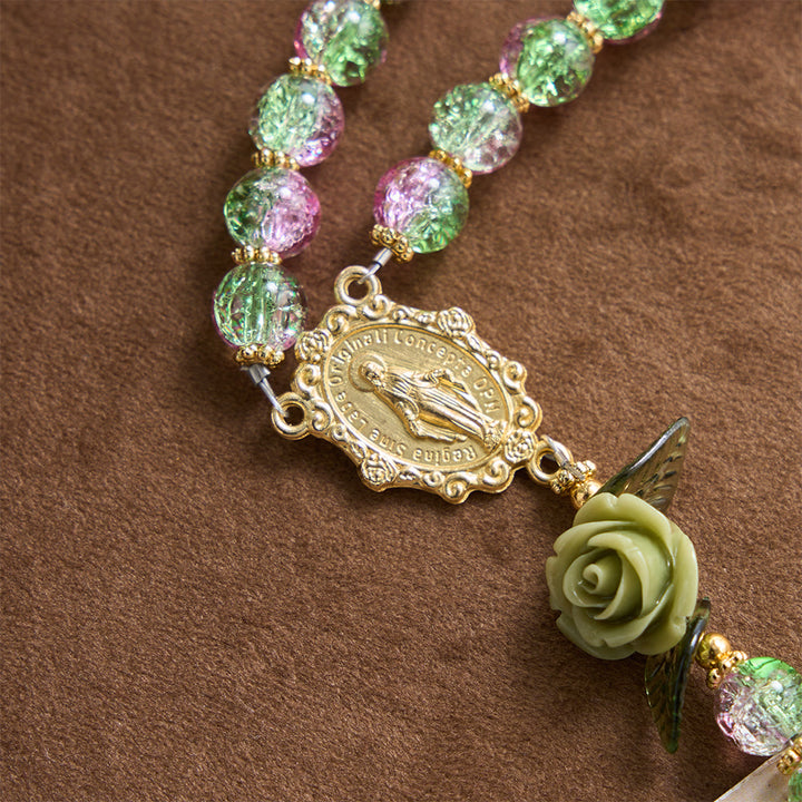 Christianartworkshop Pink & Green Crackle Faceted Glass Bead Rose Floral Our Lady Cross Rosary - image 6