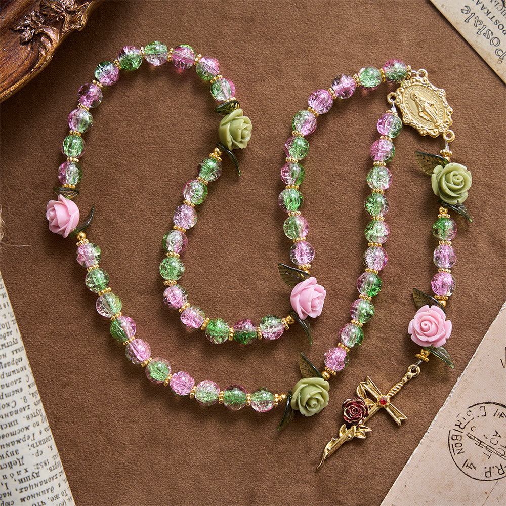 Christianartworkshop Pink & Green Crackle Faceted Glass Bead Rose Floral Our Lady Cross Rosary - image 2