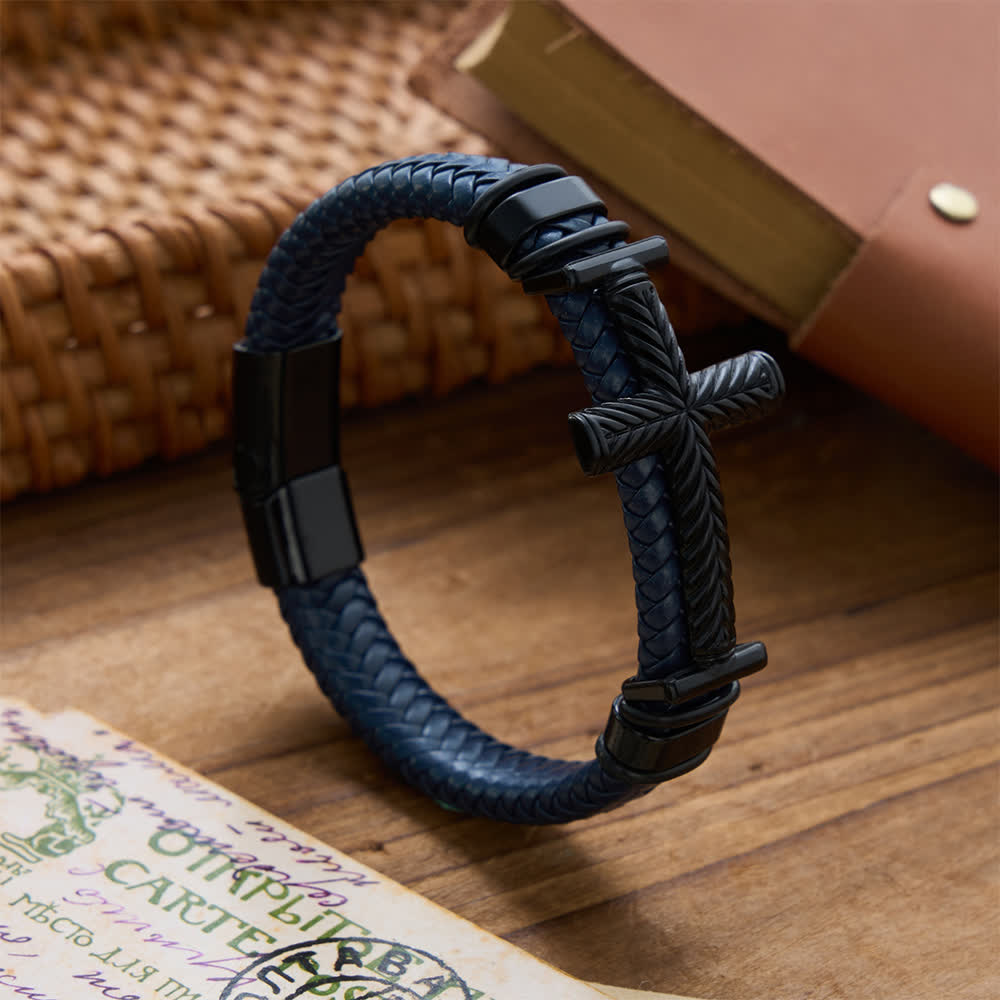 Christianartworkshop 10-Color Braided Leather Cross Bracelet with Embossed Details: A Symbol of Rugged Faith - Navy Blue - image 14