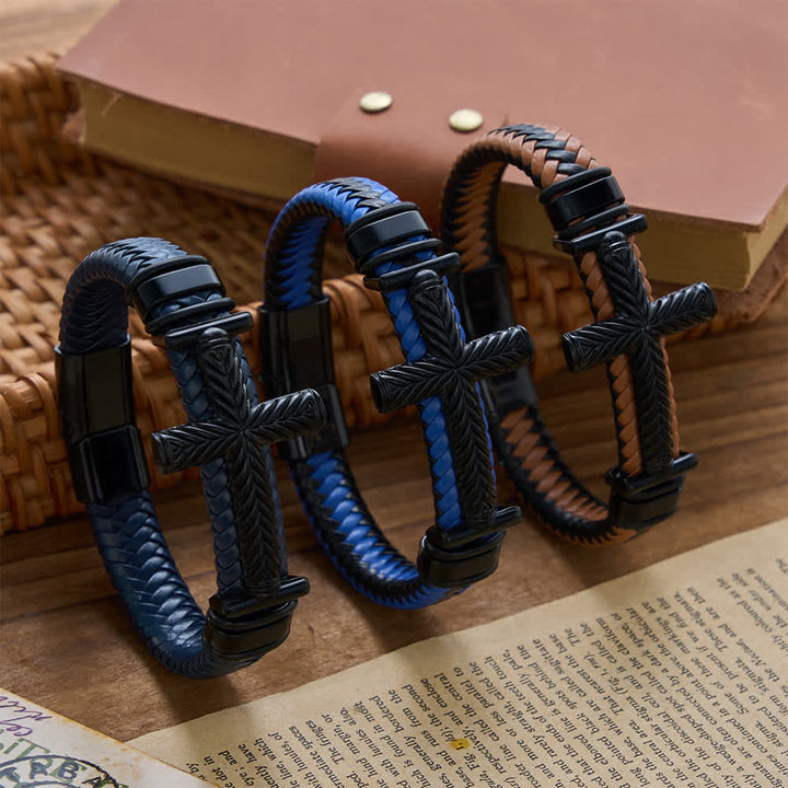 Christianartworkshop 10-Color Braided Leather Cross Bracelet with Embossed Details: A Symbol of Rugged Faith - image 4