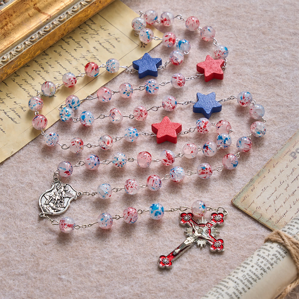 Christianartworkshop Speckled Bead Patriotic Star Accent St.Michael Shield Medallion Enamel Star Crucifix Rosary - image 2