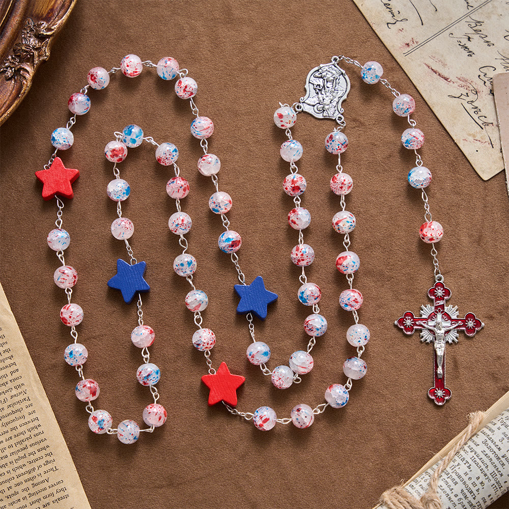 Christianartworkshop Speckled Bead Patriotic Star Accent St.Michael Shield Medallion Enamel Star Crucifix Rosary - image 3