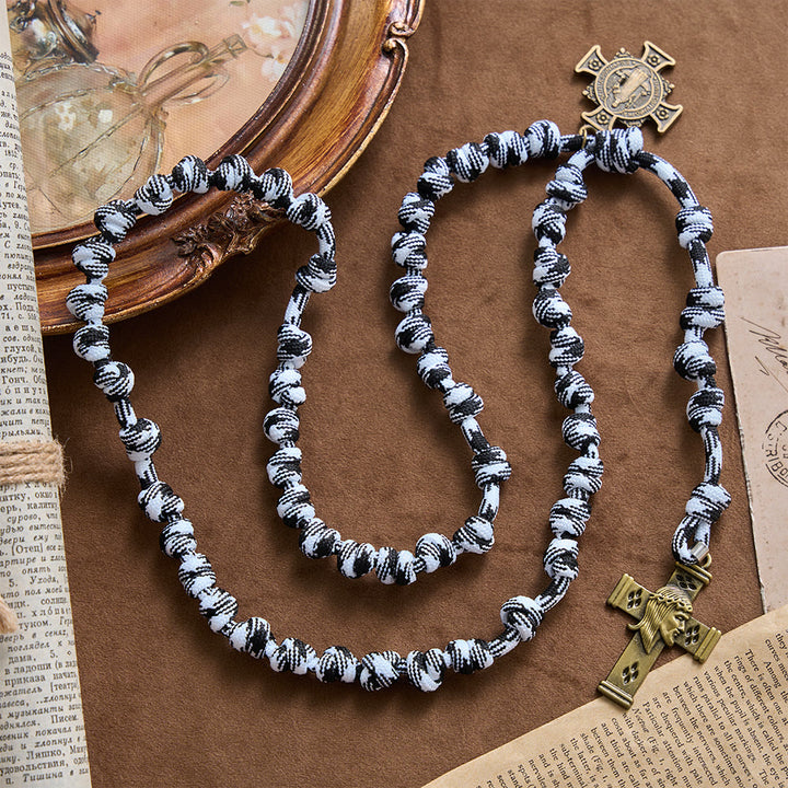 Christianartworkshop Black & White-Tone Twisted Paracord Knotted Rosary With St.Benedict Plaque & Jesus Cross - Black & White Paracord Rosary - image 0