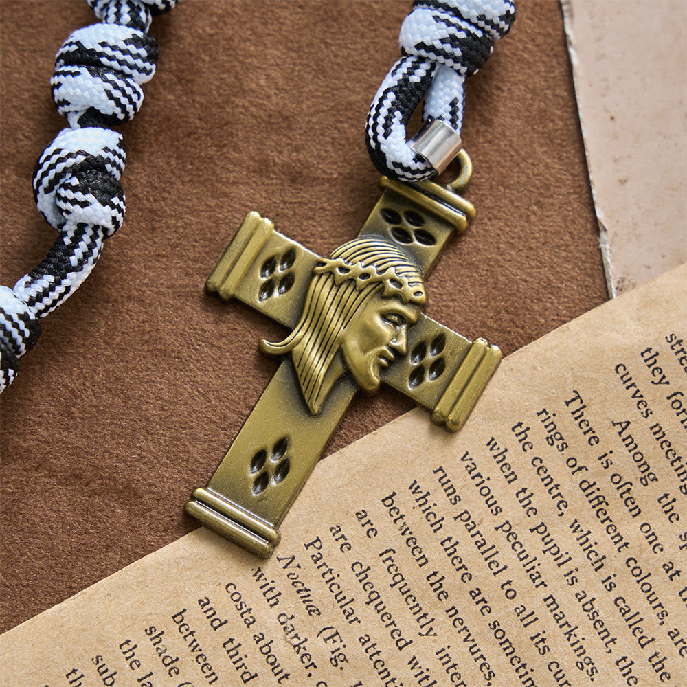 Christianartworkshop Black & White-Tone Twisted Paracord Knotted Rosary With St.Benedict Plaque & Jesus Cross - image 5
