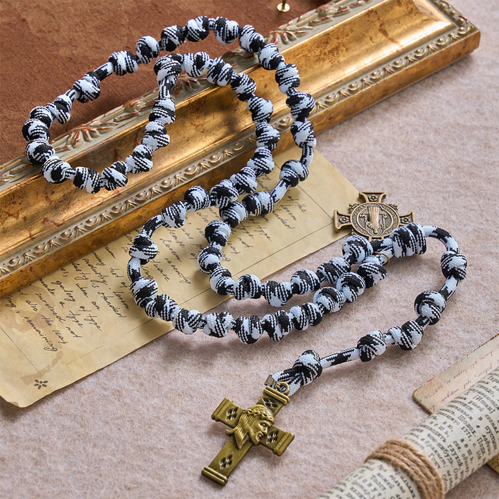 Christianartworkshop Black & White-Tone Twisted Paracord Knotted Rosary With St.Benedict Plaque & Jesus Cross - image 2