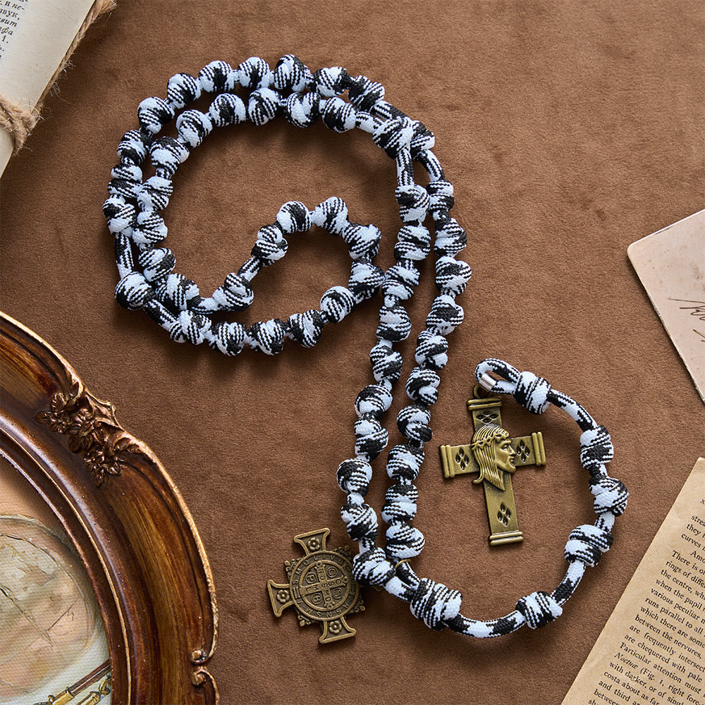 Christianartworkshop Black & White-Tone Twisted Paracord Knotted Rosary With St.Benedict Plaque & Jesus Cross - image 3