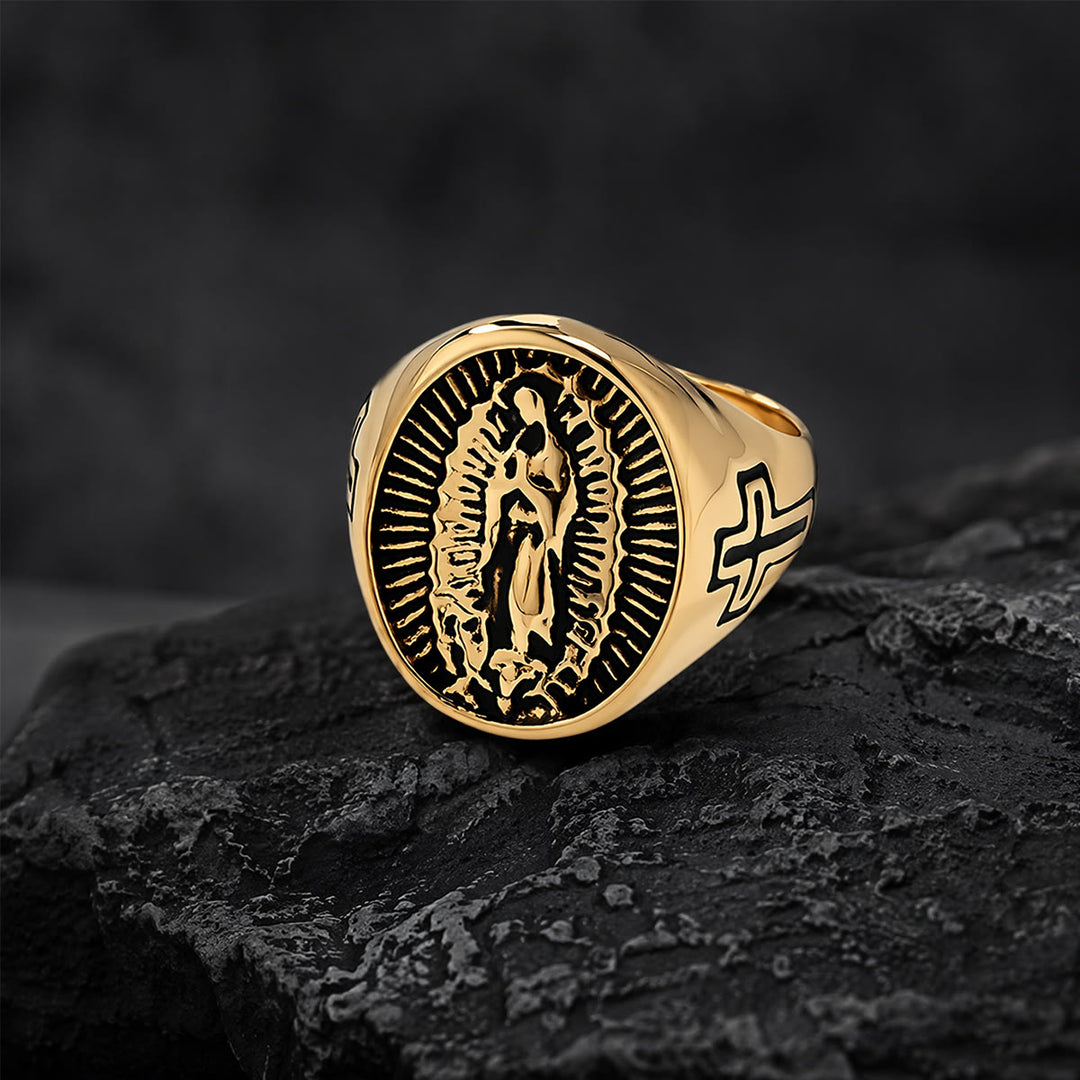 Christianartworkshop Deep Relief Our Lady Of Guadalupe Cross Statement Ring: Timeless Emblem of Unshakable Sacred Faith - Golden - US 12 - image 2