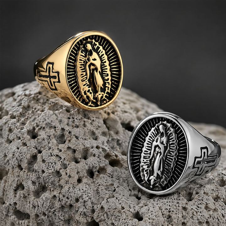 Christianartworkshop Deep Relief Our Lady Of Guadalupe Cross Statement Ring: Timeless Emblem of Unshakable Sacred Faith - image 0