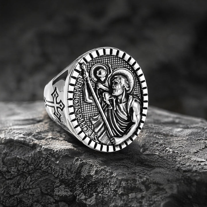 Christianartworkshop St. Christopher Round Ridged Border Signet Ring: Timeless Emblem of Unshakable Sacred Faith - Silver - US 12 - image 3
