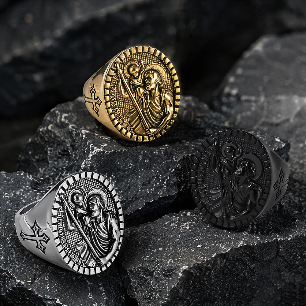 Christianartworkshop St. Christopher Round Ridged Border Signet Ring: Timeless Emblem of Unshakable Sacred Faith - image 1