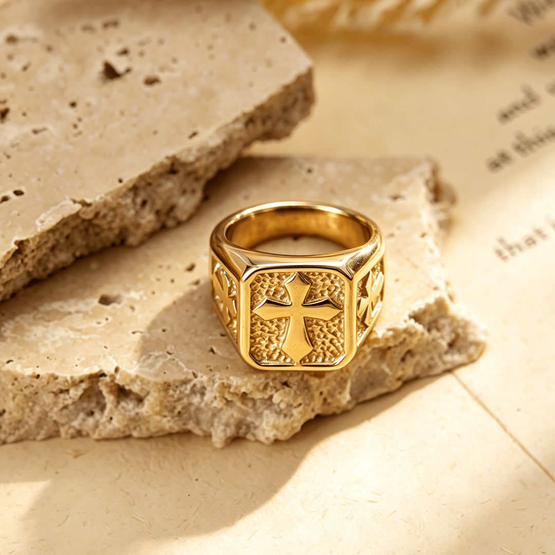 Christianartworkshop Dual Side Square Panel Solid Cross Signet Ring: Timeless Emblem of Unshakable Sacred Faith - Golden - US 15 - image 3