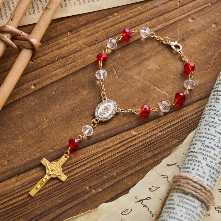Christianartworkshop Oval Sacred Portrait Our Lady Multi-Tone Bead Crucifix Car Hanging Pendant: A Reminder of Merciful Divine Protection on Every Trip - image 2