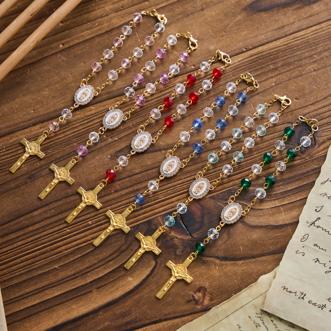 Christianartworkshop Oval Sacred Portrait Our Lady Multi-Tone Bead Crucifix Car Hanging Pendant: A Reminder of Merciful Divine Protection on Every Trip - image 0