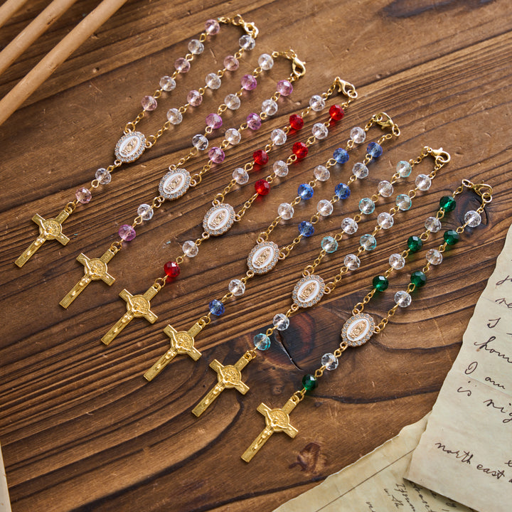 Christianartworkshop Oval Sacred Portrait Our Lady Multi-Tone Bead Crucifix Car Hanging Pendant: A Reminder of Merciful Divine Protection on Every Trip - image 0